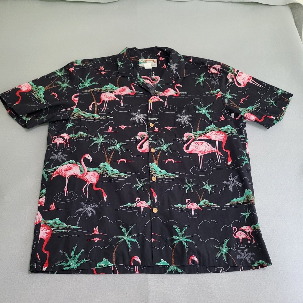 Paradise Found Hawaiian Pink Flamingo Short Sleeve Button Up Shirt Men's L